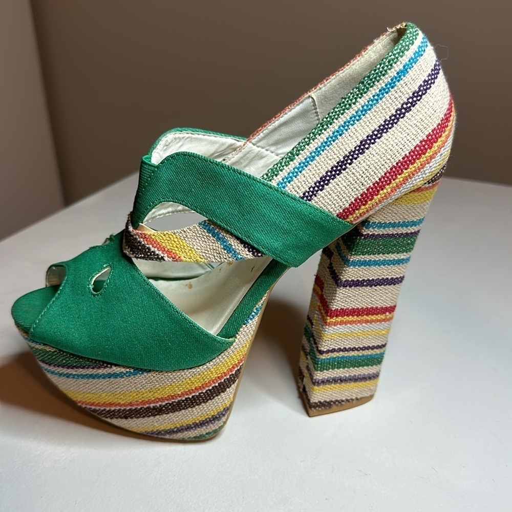 🔥Women's Fahrenheit green denim block color open toe stiletto heels size 7 - Picture 3 of 14